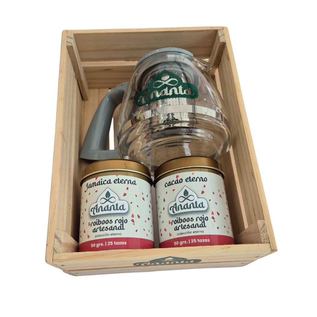 Pack 1 tetera + 1 roiboos cacao eterno + 1 roiboos Jamaica eterna + caja de madera gratis