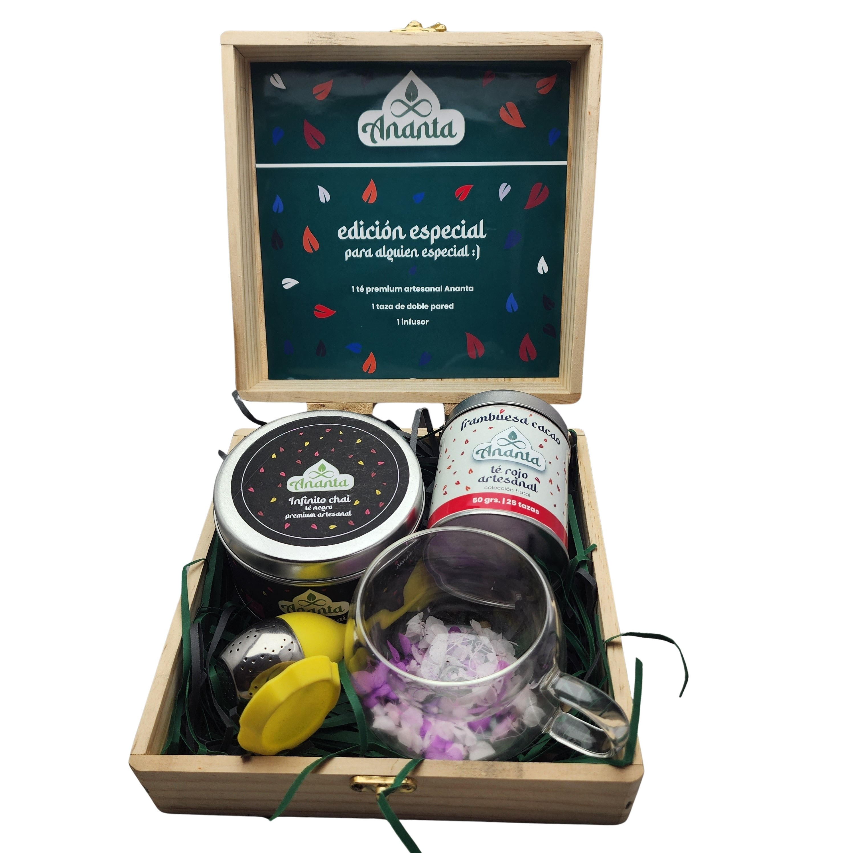 Pack té artesanal + té línea espiritual + taza + cofre de madera gratis