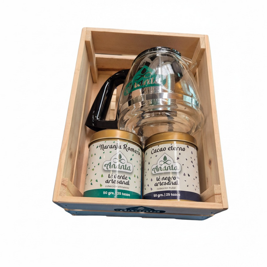 Pack 1 tetera + 1 té negro cacao eterno+ 1 té verde naranja romero + caja de madera gratis