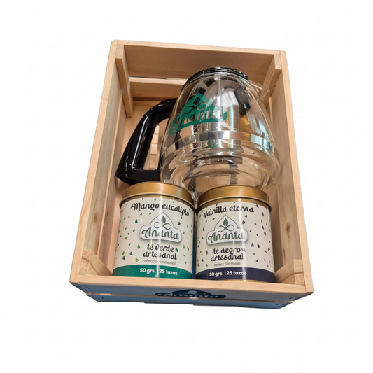Pack 1 tetera + 1 té negro vainilla eterna + 1 té verde mango eucalipto + caja de madera gratis