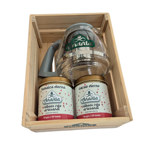Pack 1 tetera + 1 roiboos cacao eterno + 1 roiboos Jamaica eterna + caja de madera gratis